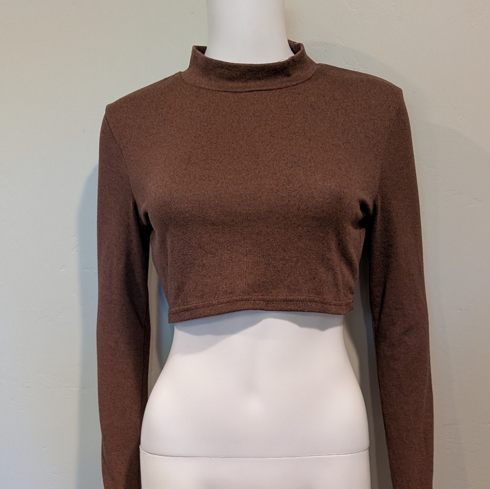 SHEIN Brown High Neck Long Sleeve Knit Crop Top Size Medium